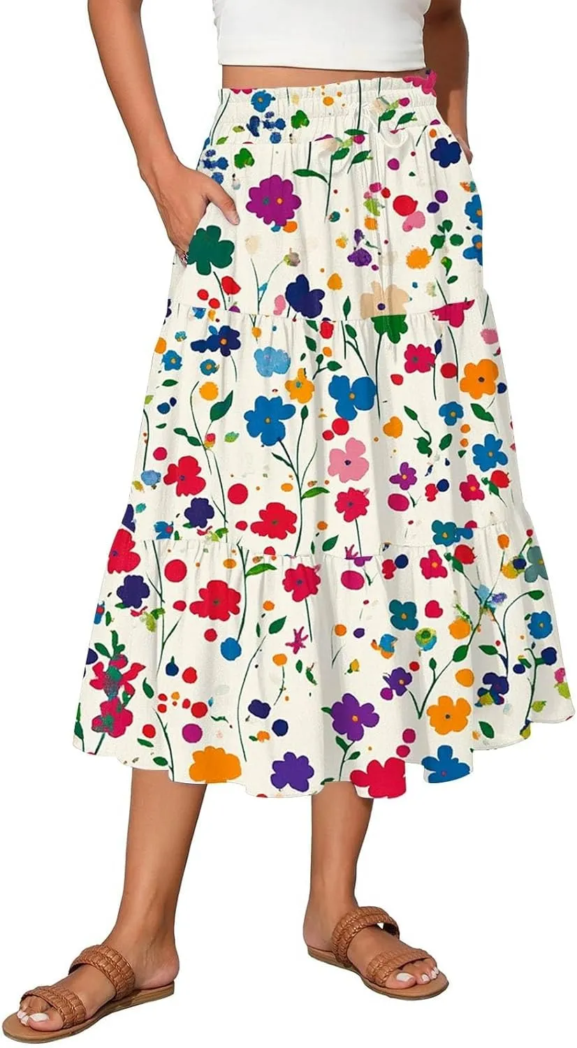 Flowy Skirts for Women High Waist Long A-Line Boho Maxi Skirt for Summer Beach