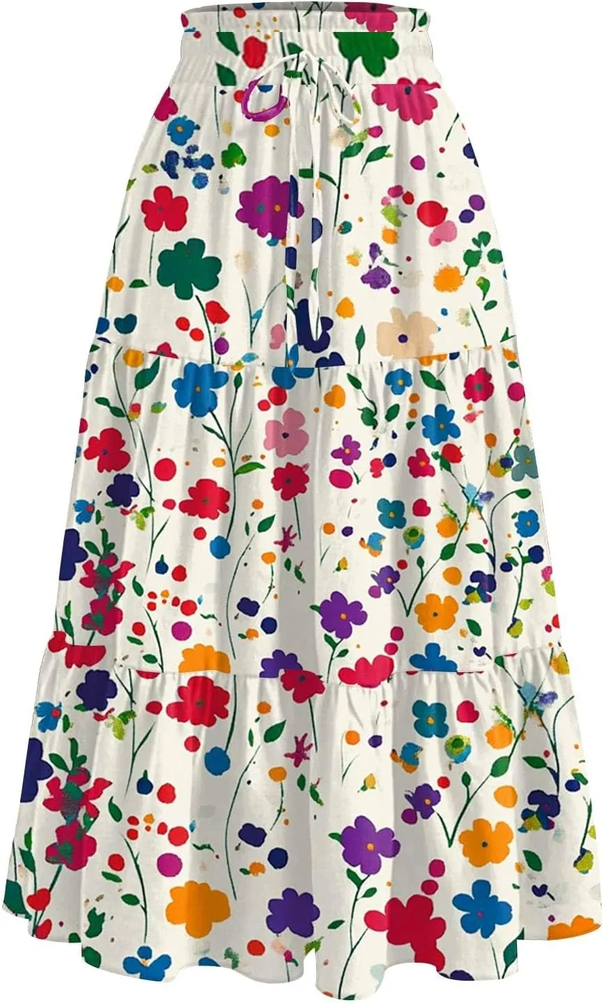 Flowy Skirts for Women High Waist Long A-Line Boho Maxi Skirt for Summer Beach