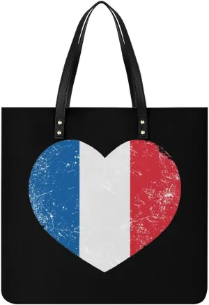 France Heart Vintage Flag Tote Bag Leather Handbags Large Shoulder Bag for College Work Travel Shopping
