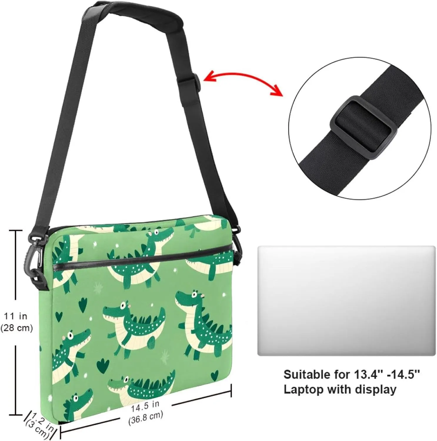 Fun Animal Green Gator Crocodile Laptop Bag Case Computer Sleeve Shoulder Messenger Bag for Work School