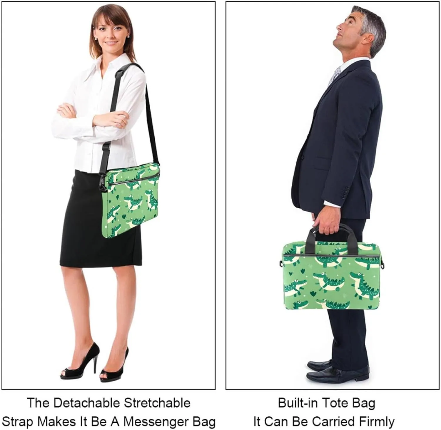 Fun Animal Green Gator Crocodile Laptop Bag Case Computer Sleeve Shoulder Messenger Bag for Work School