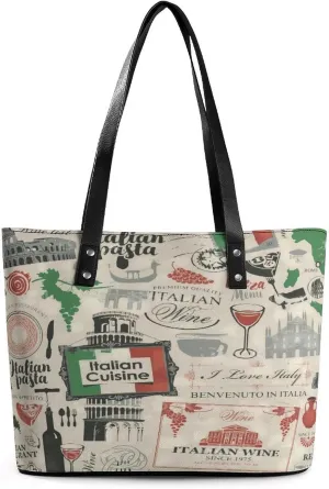Fun Sketch Italy Pattern Women Tote Bags Top Handle Satchel Handbags Faux Leather Tassel Shoulder Purse