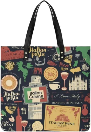 Fun Sketch Italy Pattern Women Tote Bags Top Handle Satchel Handbags PU Faux Leather Tassel Shoulder Purse