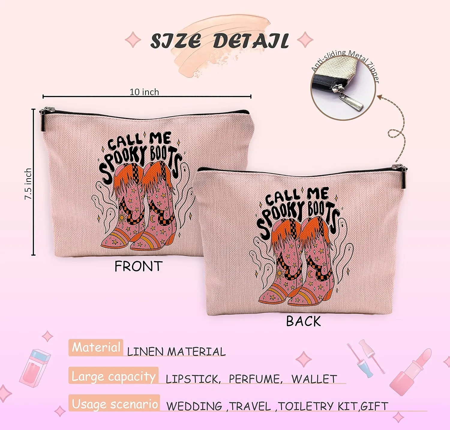 Funny Call Me Spooky Boots Makeup Bag Travel Cosmetic Bags,Pink Preppy Boho Western Cowgirl Boots Cosmetic Bags with Zipper Pouch Travel Toiletry Case,Girls Gifts,Cowgirl Gifts for Girls