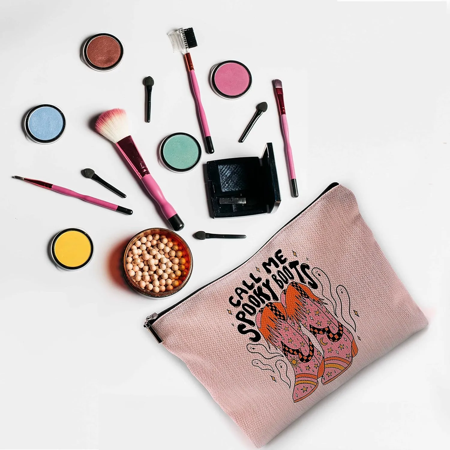 Funny Call Me Spooky Boots Makeup Bag Travel Cosmetic Bags,Pink Preppy Boho Western Cowgirl Boots Cosmetic Bags with Zipper Pouch Travel Toiletry Case,Girls Gifts,Cowgirl Gifts for Girls