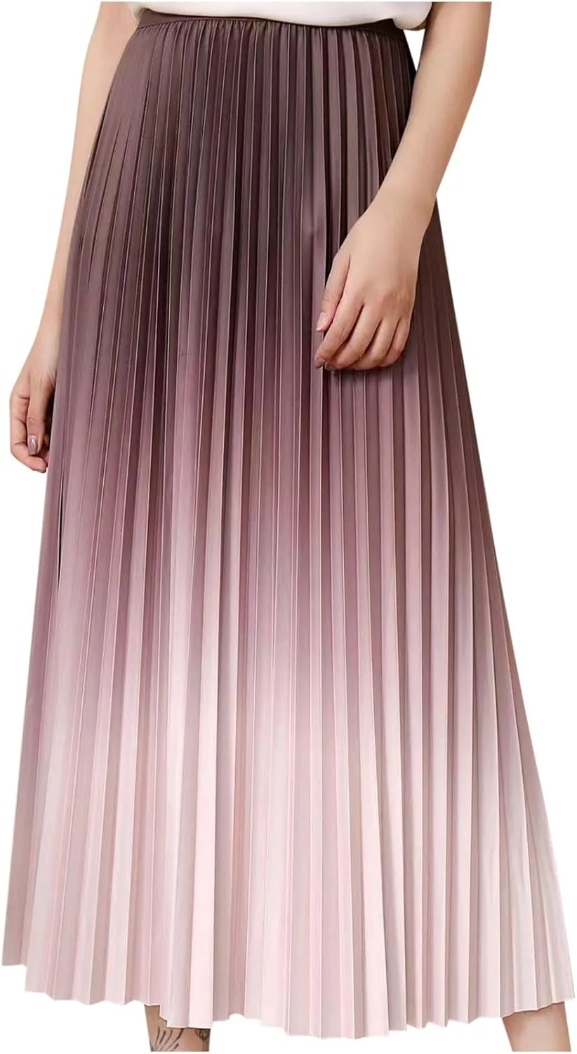 FZYLQY Gradient Color Skirt for Women Fashion Elegant High Waist Pleated Skirts Casual Slim Fit Basic Go Out Midi Skirt 2025