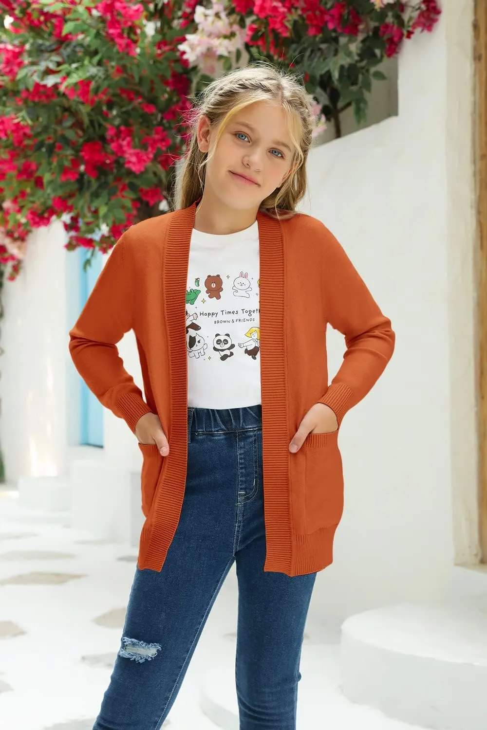 Girls Cardigan Knit Open Front Long Sleeve Sweaters Fall Casual Outwear with Pockets for 5-14 T Kids