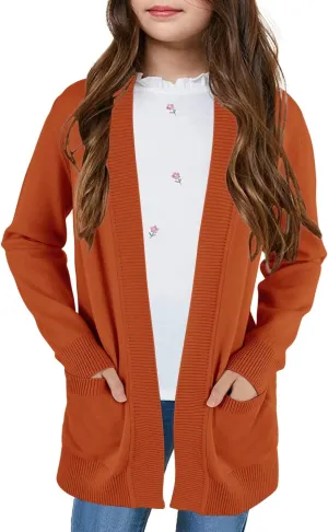 Girls Cardigan Knit Open Front Long Sleeve Sweaters Fall Casual Outwear with Pockets for 5-14 T Kids
