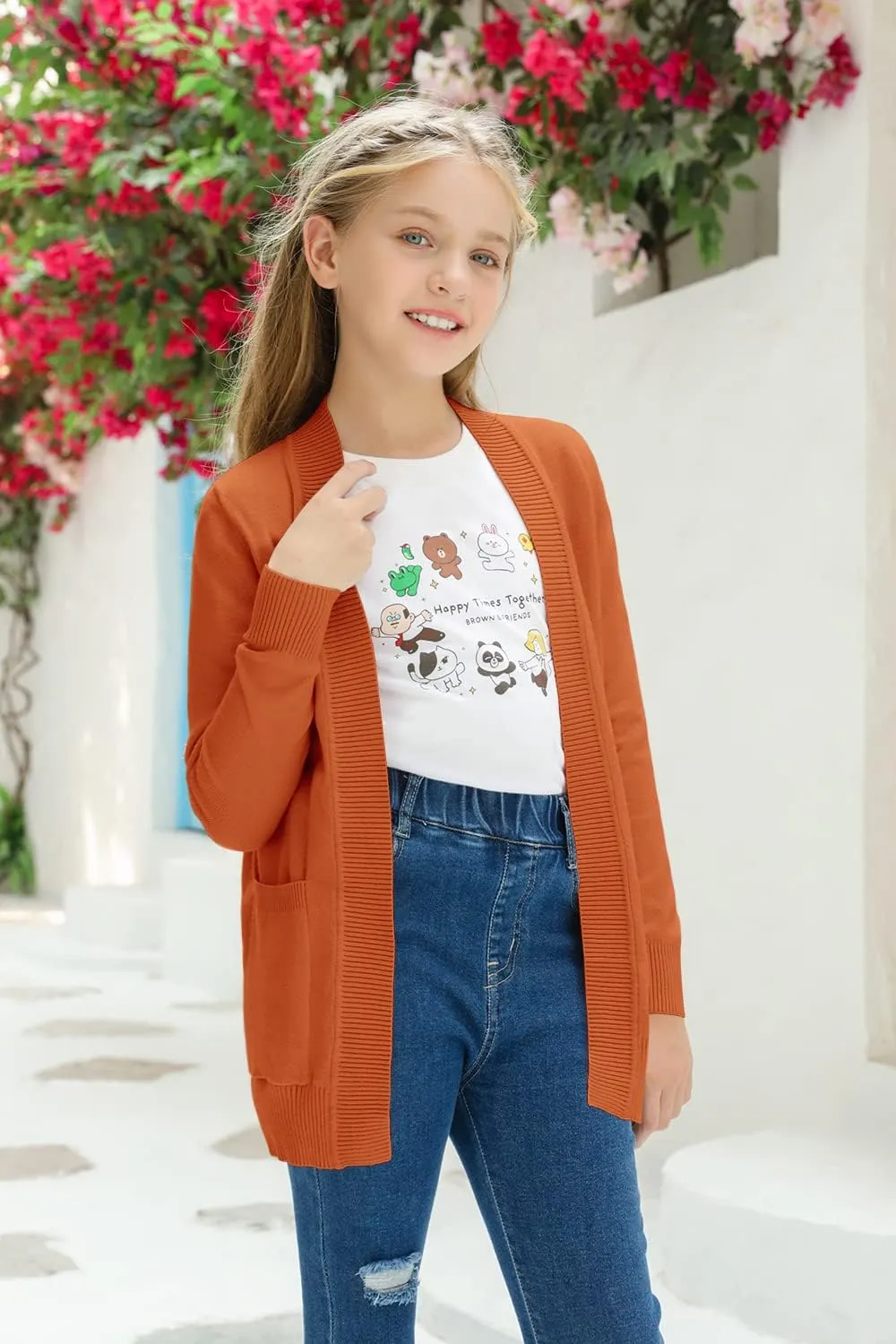 Girls Cardigan Knit Open Front Long Sleeve Sweaters Fall Casual Outwear with Pockets for 5-14 T Kids
