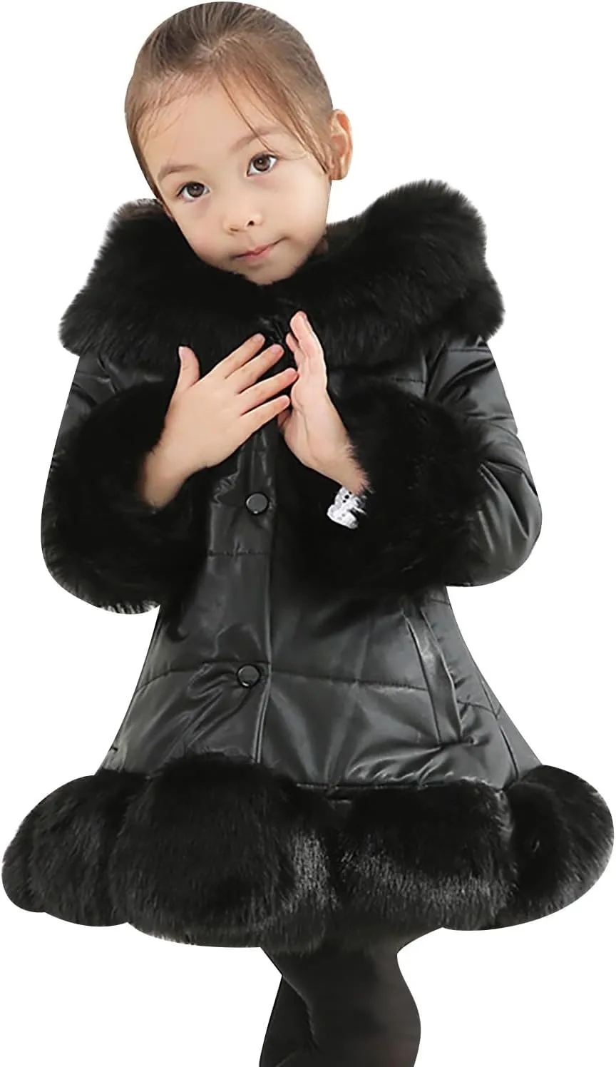 Girls Faux Leather Jacket with Fur Trim Toddler Thick Fleece Lined Warm Winter Coat Button up Dress Coat Outwear