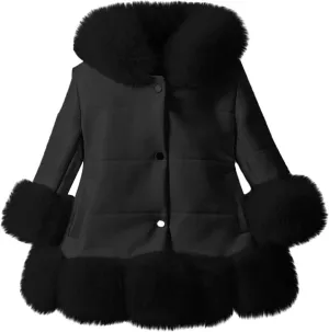 Girls Faux Leather Jacket with Fur Trim Toddler Thick Fleece Lined Warm Winter Coat Button up Dress Coat Outwear