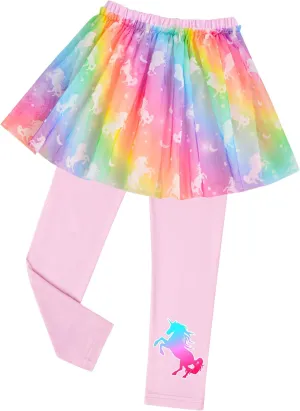 Girls Leggings with Skirt Kids Footless Leggings Pants with Lace Ruffle Tutu Skirt for Toddler Little Girls 4-7T