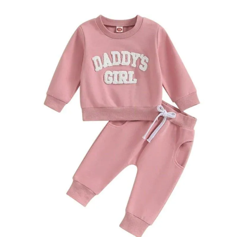 Girl's Long Sleeve Crewneck Top and Jogger Outfit Set - Pink Daddy's Girl