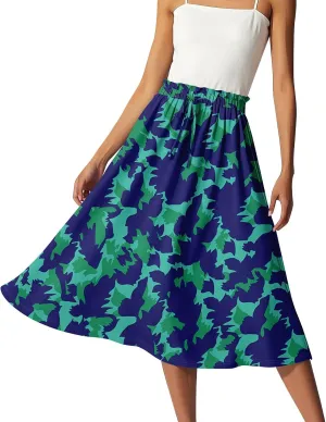 GOFULY Midi Skirts for Women Boho Summer Floral Print A Line Knee Skirt Drawstring Elastic High Waist Pleated Skirt