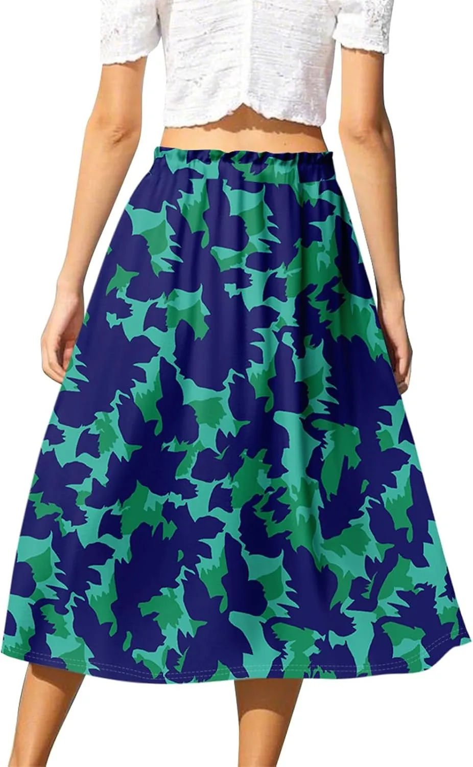 GOFULY Midi Skirts for Women Boho Summer Floral Print A Line Knee Skirt Drawstring Elastic High Waist Pleated Skirt