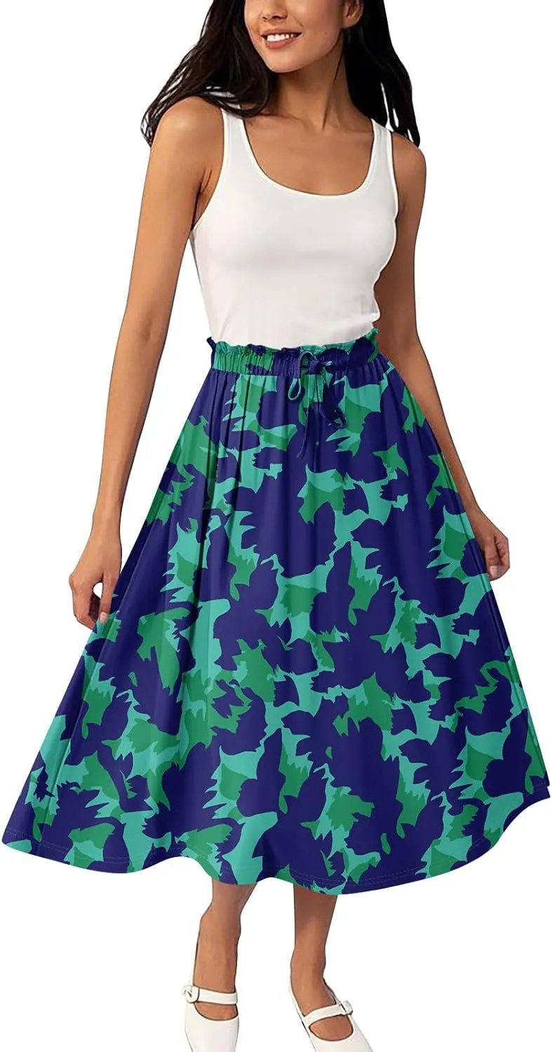 GOFULY Midi Skirts for Women Boho Summer Floral Print A Line Knee Skirt Drawstring Elastic High Waist Pleated Skirt