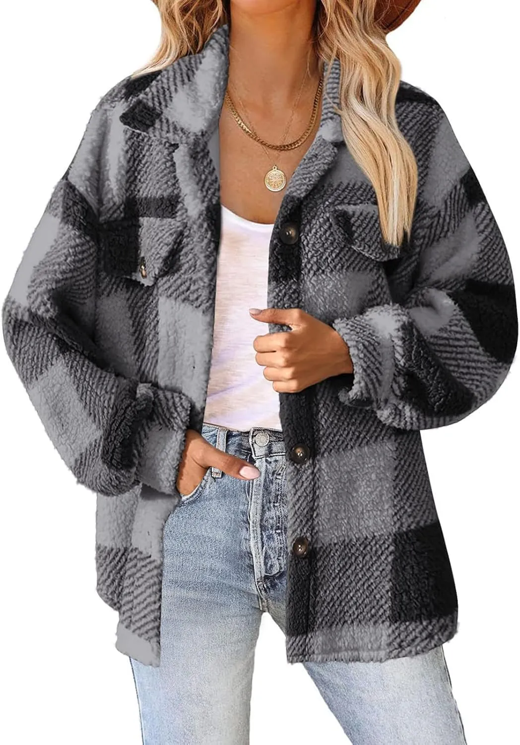 GOFULY Womens Winter Coats Casual Fuzzy Fleece Hoodies Button up Fall Sherpa Jackets Warm Plaid Cardigans Trendy Outerwear