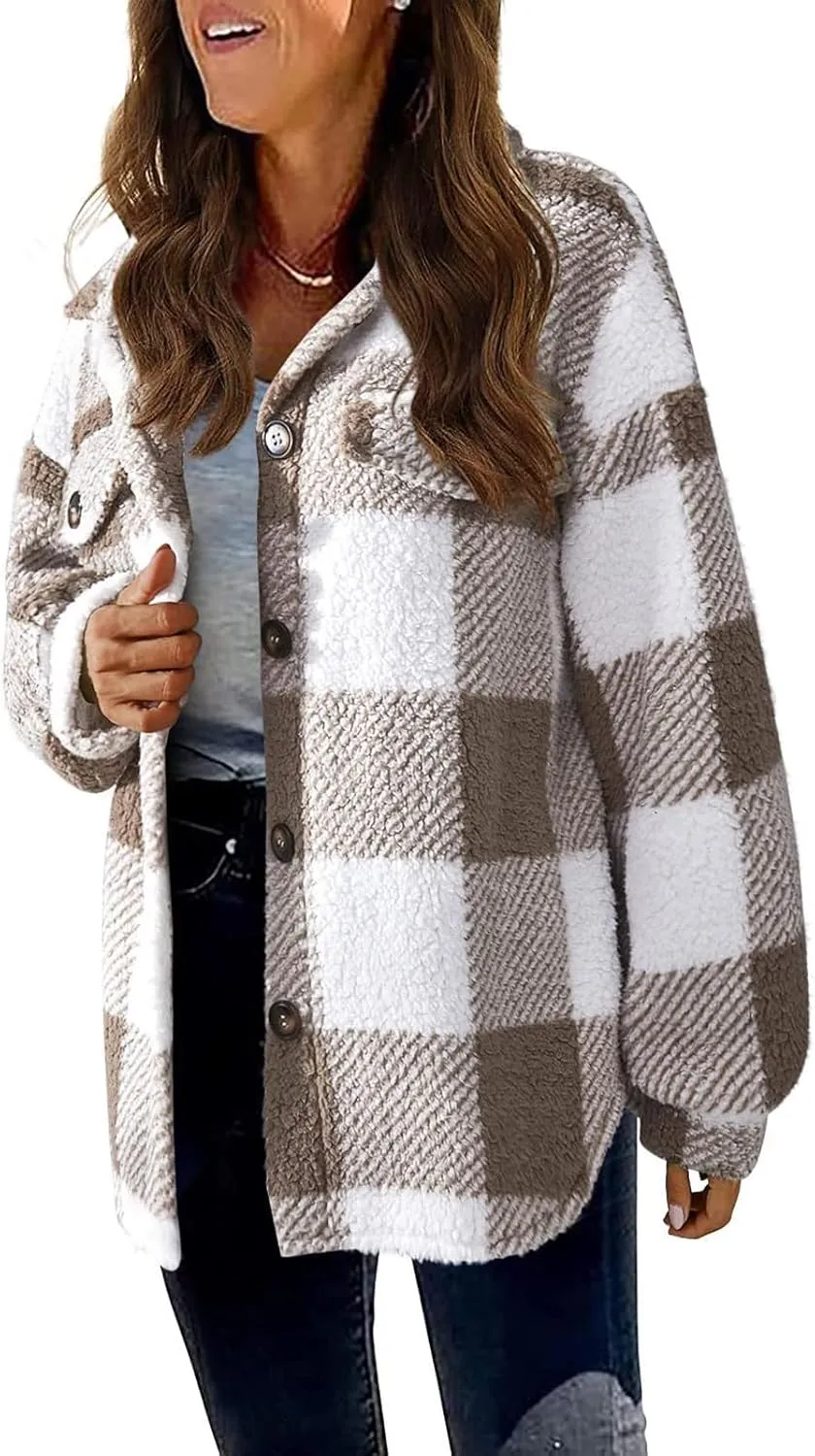 GOFULY Womens Winter Coats Casual Fuzzy Fleece Hoodies Button up Fall Sherpa Jackets Warm Plaid Cardigans Trendy Outerwear