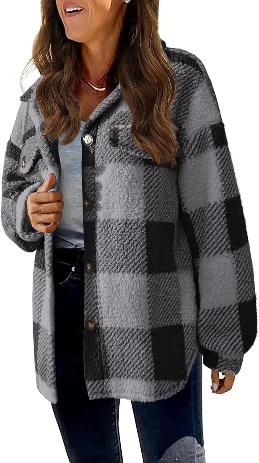 GOFULY Womens Winter Coats Casual Fuzzy Fleece Hoodies Button up Fall Sherpa Jackets Warm Plaid Cardigans Trendy Outerwear