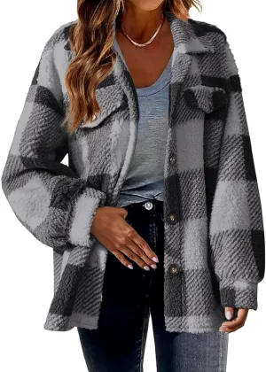 GOFULY Womens Winter Coats Casual Fuzzy Fleece Hoodies Button up Fall Sherpa Jackets Warm Plaid Cardigans Trendy Outerwear