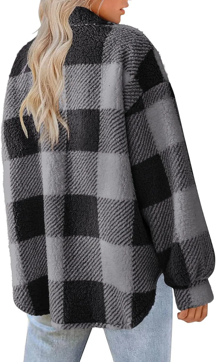 GOFULY Womens Winter Coats Casual Fuzzy Fleece Hoodies Button up Fall Sherpa Jackets Warm Plaid Cardigans Trendy Outerwear