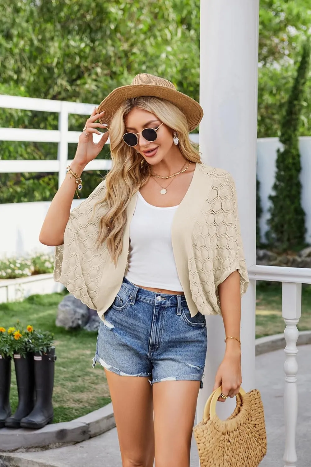 GRACE KARIN Womens Crochet Summer Cardigan Shrug 2025 Lightweight Open Front Hollow-out Batwing Cardigan Sweater Outwear