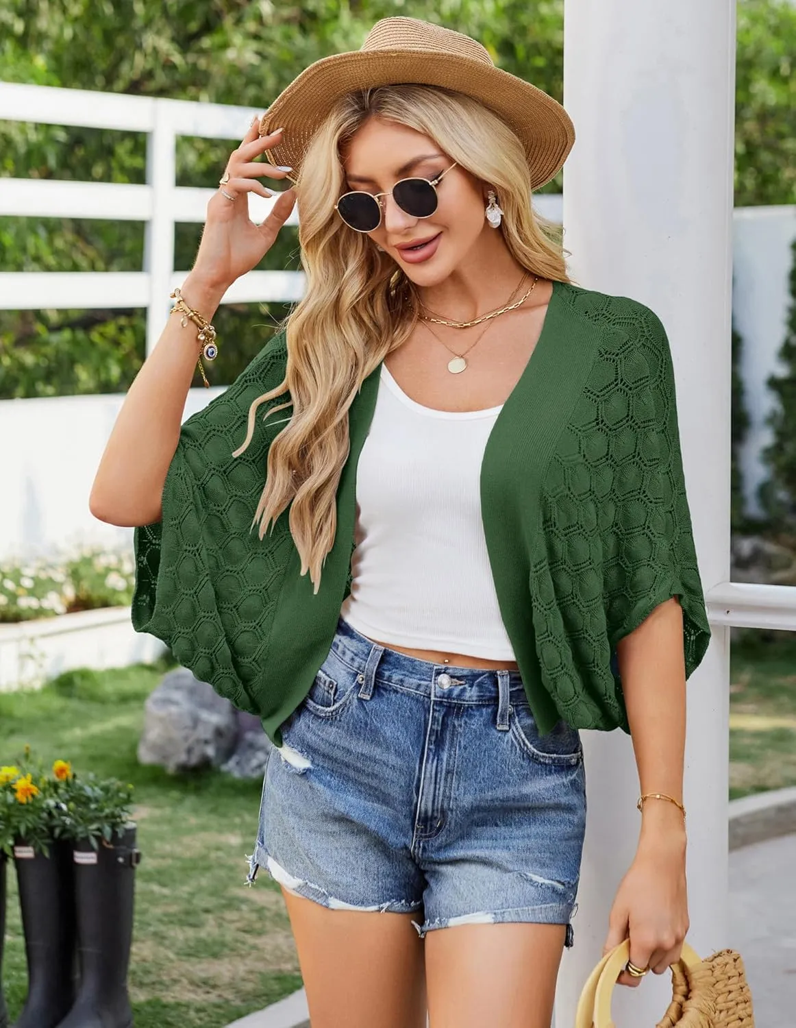 GRACE KARIN Womens Crochet Summer Cardigan Shrug 2025 Lightweight Open Front Hollow-out Batwing Cardigan Sweater Outwear
