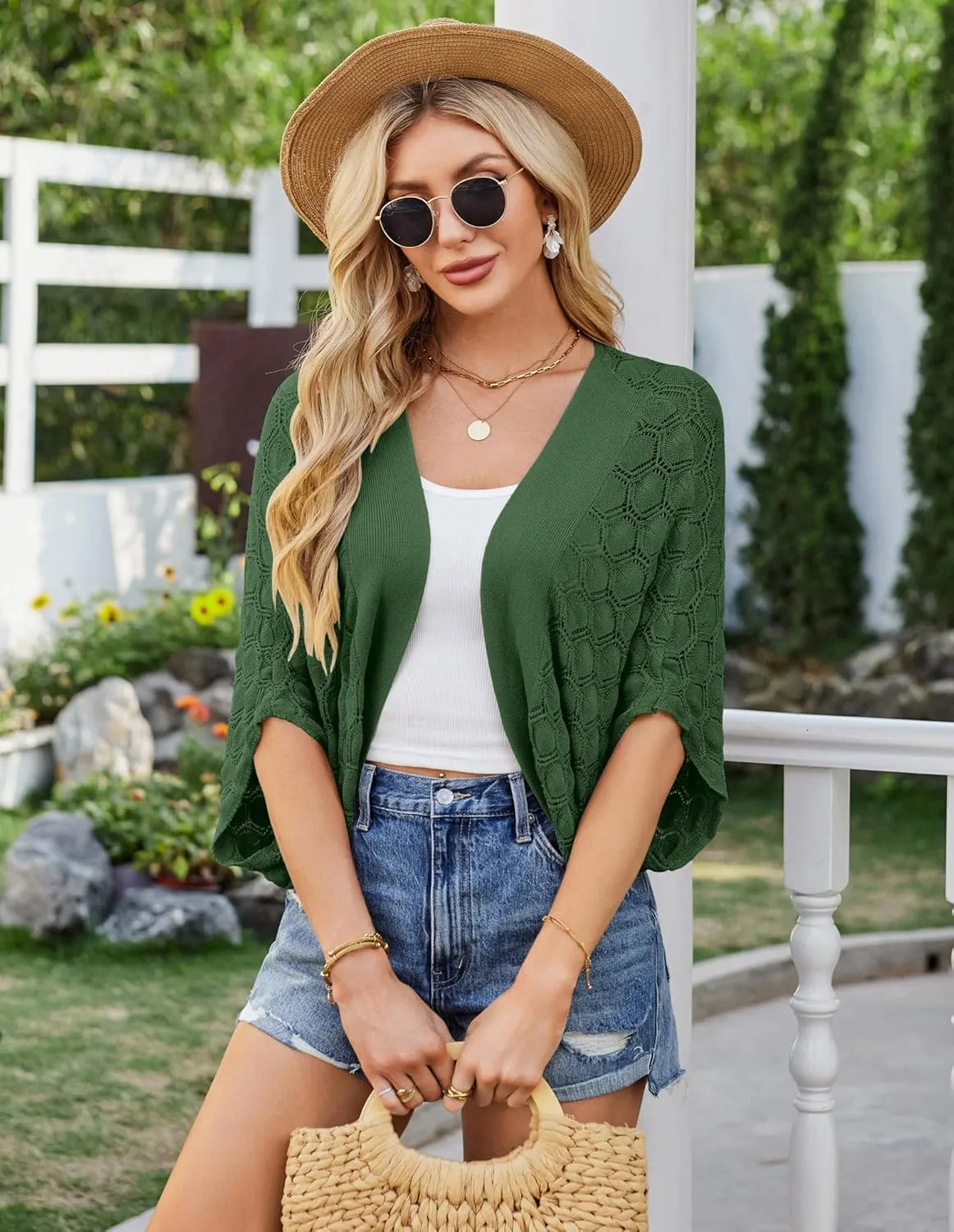 GRACE KARIN Womens Crochet Summer Cardigan Shrug 2025 Lightweight Open Front Hollow-out Batwing Cardigan Sweater Outwear