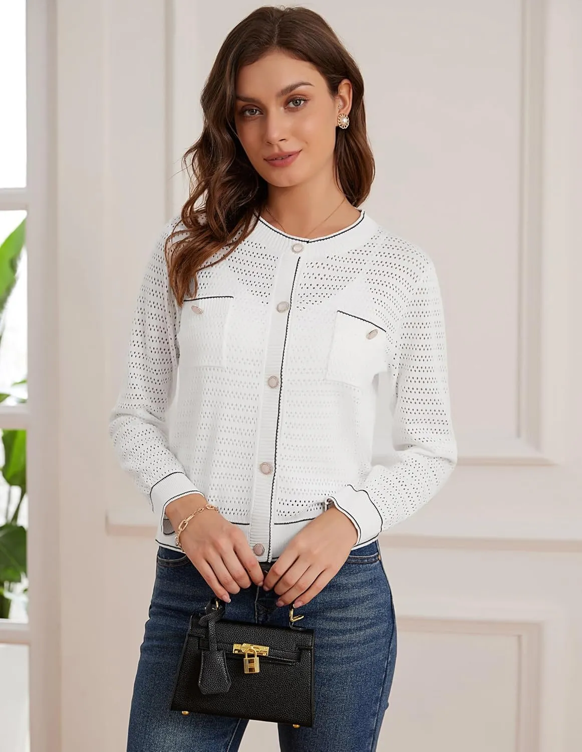 GRACE KARIN Womens Lightweight Corchet Cardigan Sweaters 2025 Summer Long Sleeve Mesh Sweater Jacket with Pockets