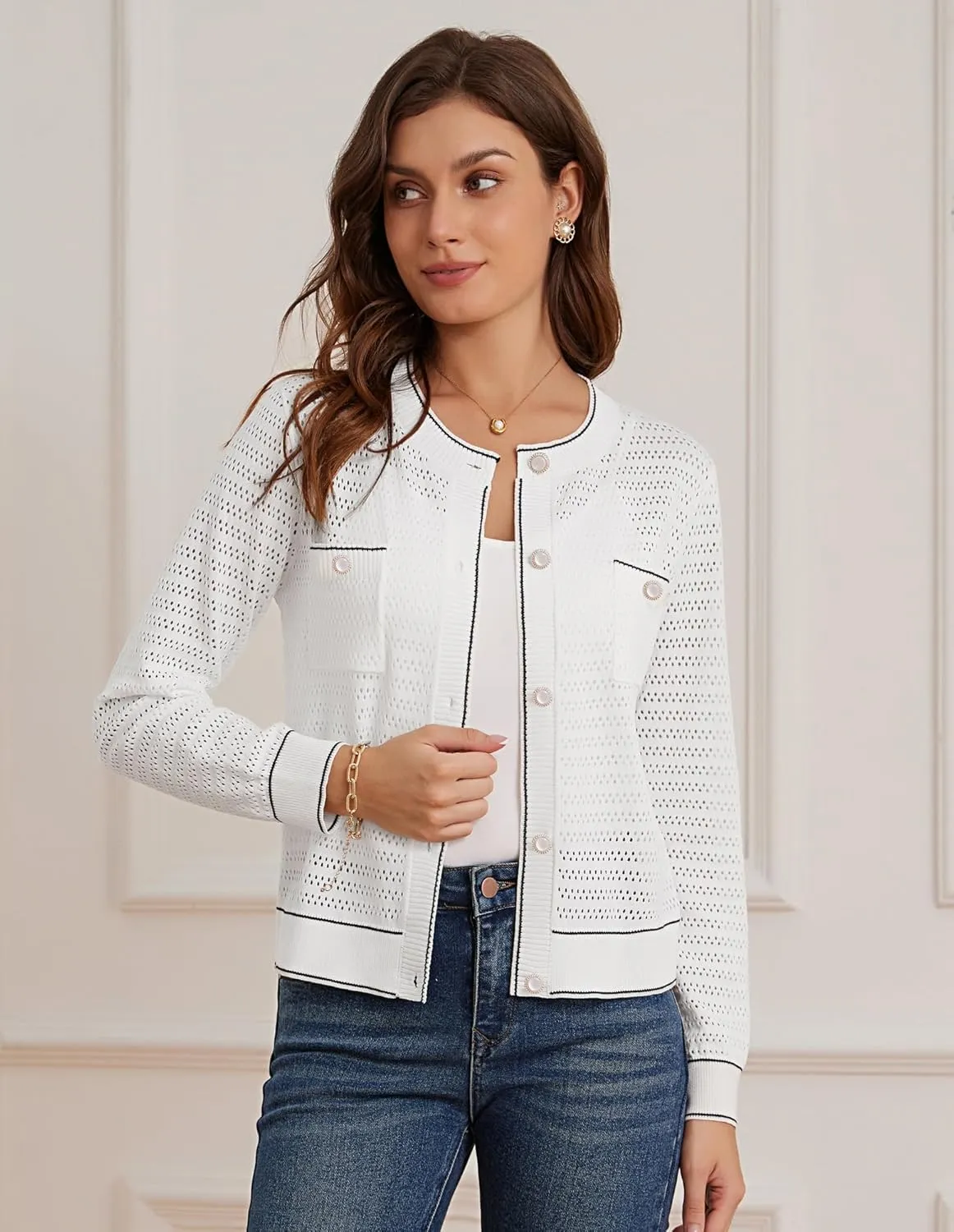 GRACE KARIN Womens Lightweight Corchet Cardigan Sweaters 2025 Summer Long Sleeve Mesh Sweater Jacket with Pockets