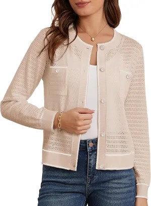GRACE KARIN Womens Lightweight Corchet Cardigan Sweaters 2025 Summer Long Sleeve Mesh Sweater Jacket with Pockets