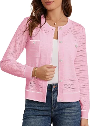 GRACE KARIN Womens Lightweight Corchet Cardigan Sweaters 2025 Summer Long Sleeve Mesh Sweater Jacket with Pockets