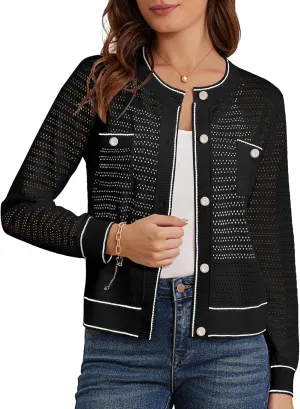 GRACE KARIN Womens Lightweight Corchet Cardigan Sweaters 2025 Summer Long Sleeve Mesh Sweater Jacket with Pockets