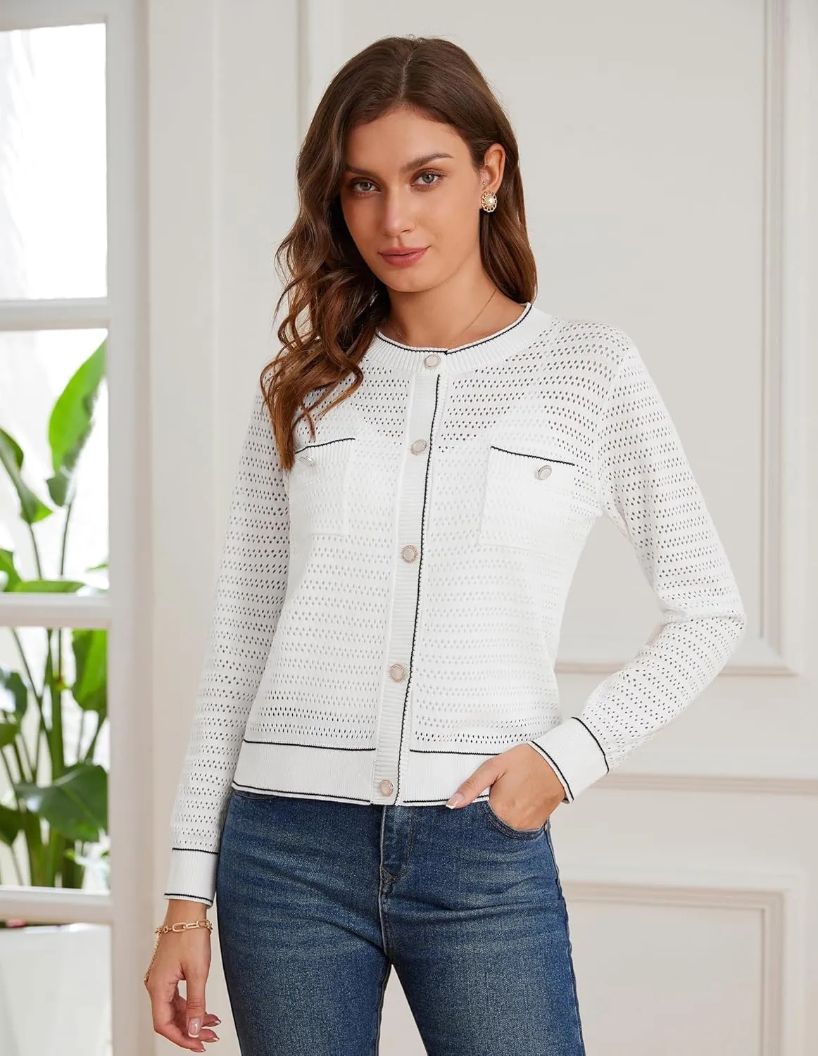 GRACE KARIN Womens Lightweight Corchet Cardigan Sweaters 2025 Summer Long Sleeve Mesh Sweater Jacket with Pockets