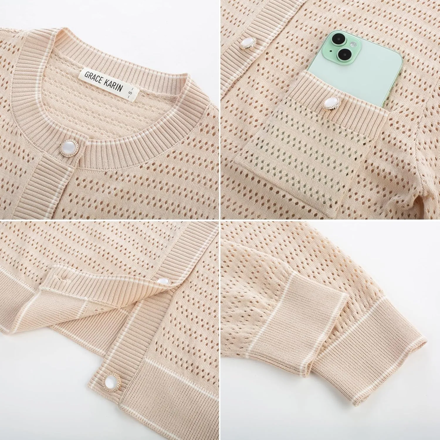 GRACE KARIN Womens Lightweight Corchet Cardigan Sweaters 2025 Summer Long Sleeve Mesh Sweater Jacket with Pockets