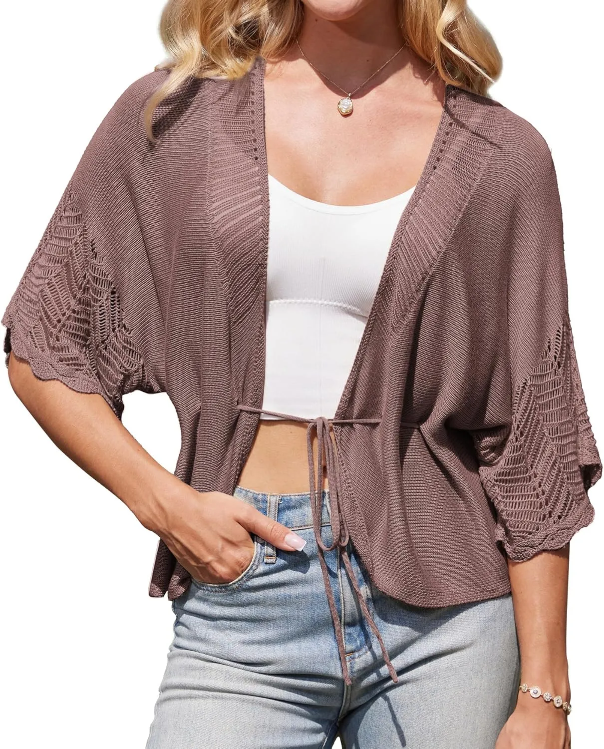 GRACE KARIN Women's Short Sleeve Crochet Open Front Cropped Cardigan Sweaters for Women 2025
