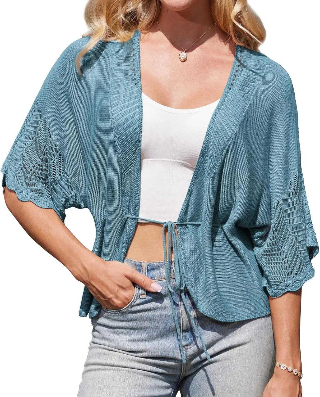 GRACE KARIN Women's Short Sleeve Crochet Open Front Cropped Cardigan Sweaters for Women 2025