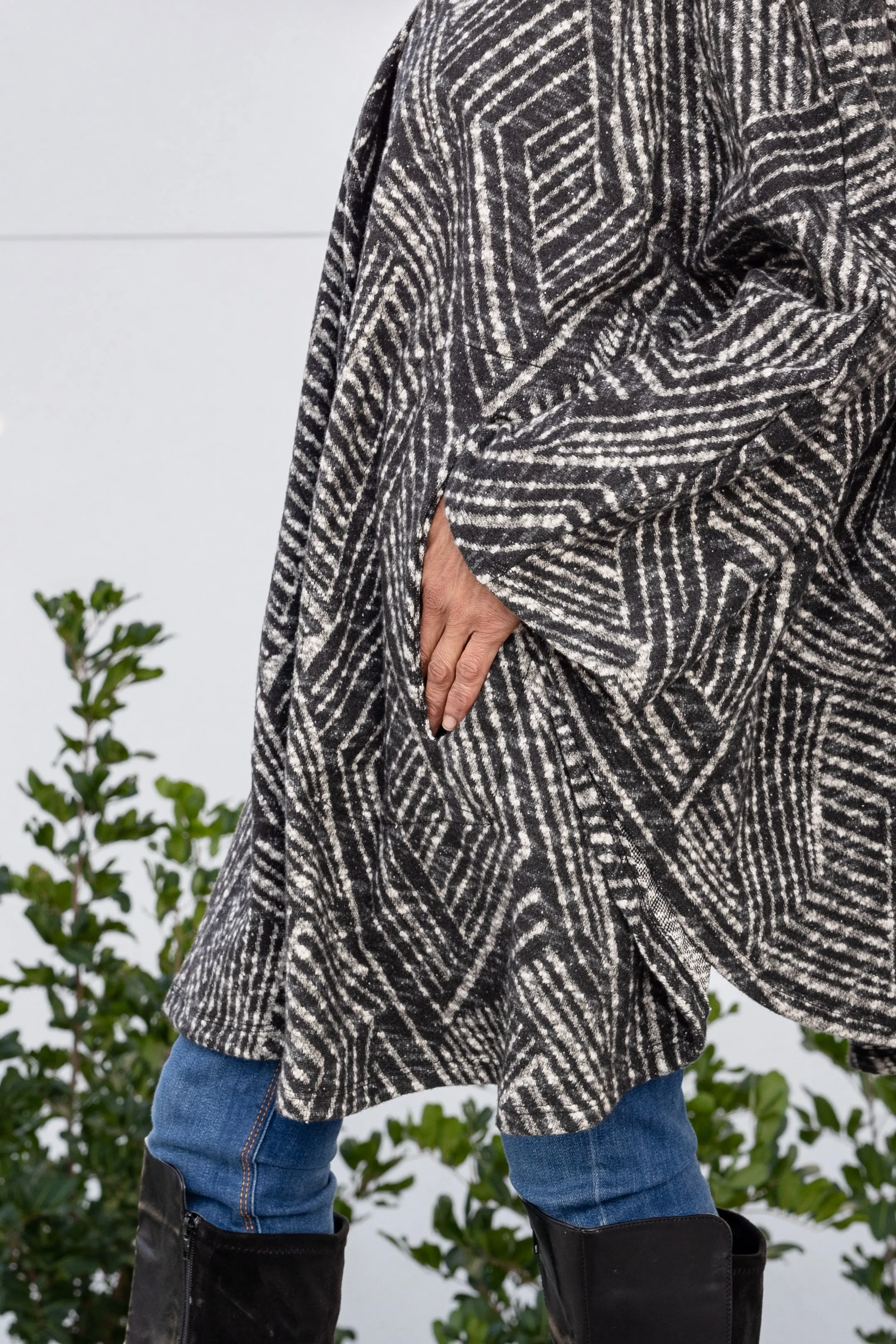 Gray Woolen Poncho With Pockets