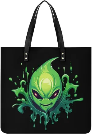 Green Aliens Print Tote Bags PU Leather Top Handle Satchel Handbags Shoulder Bags Travel Purse for Women Men