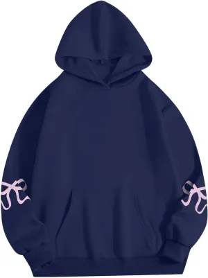 Gumipy Hoodies for Women Fleece Bow Graphic Hoodies Pullover Y2K Long Sleeve Oversized Hoodies Spring Clothes for Women 2025