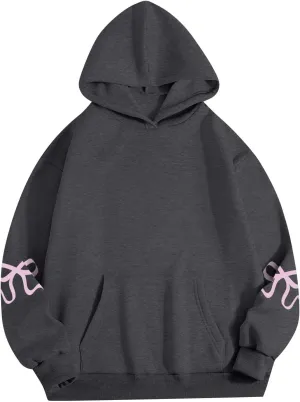 Gumipy Hoodies for Women Fleece Bow Graphic Hoodies Pullover Y2K Long Sleeve Oversized Hoodies Spring Clothes for Women 2025