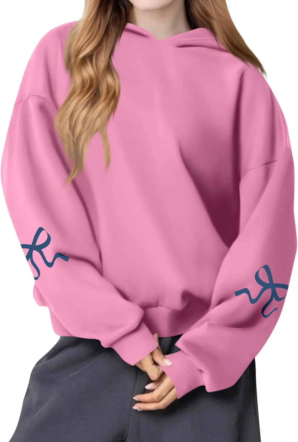 Gumipy Hoodies for Women Fleece Bow Graphic Hoodies Pullover Y2K Long Sleeve Oversized Hoodies Spring Clothes for Women 2025