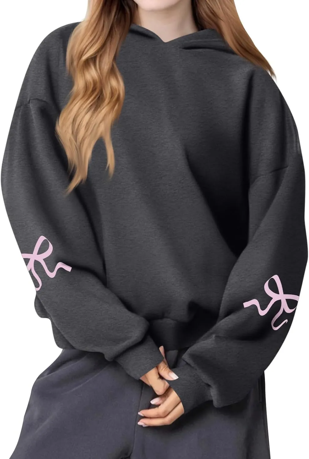Gumipy Hoodies for Women Fleece Bow Graphic Hoodies Pullover Y2K Long Sleeve Oversized Hoodies Spring Clothes for Women 2025