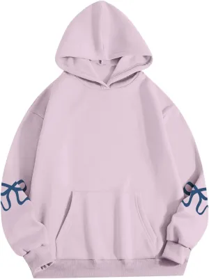 Gumipy Hoodies for Women Fleece Bow Graphic Hoodies Pullover Y2K Long Sleeve Oversized Hoodies Spring Clothes for Women 2025