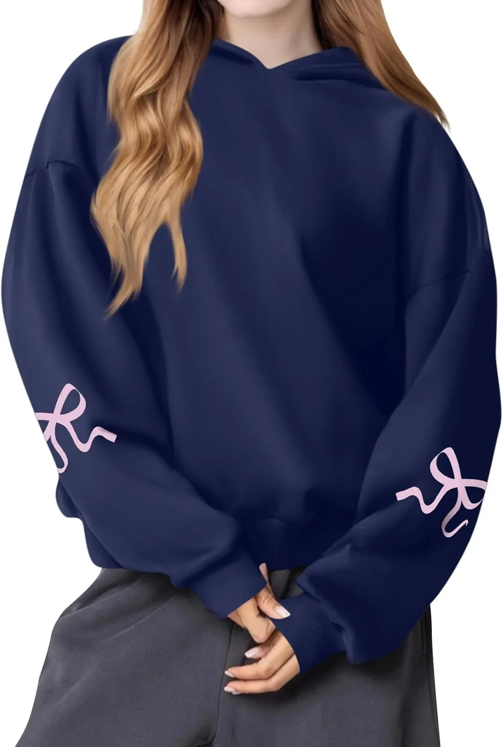 Gumipy Hoodies for Women Fleece Bow Graphic Hoodies Pullover Y2K Long Sleeve Oversized Hoodies Spring Clothes for Women 2025