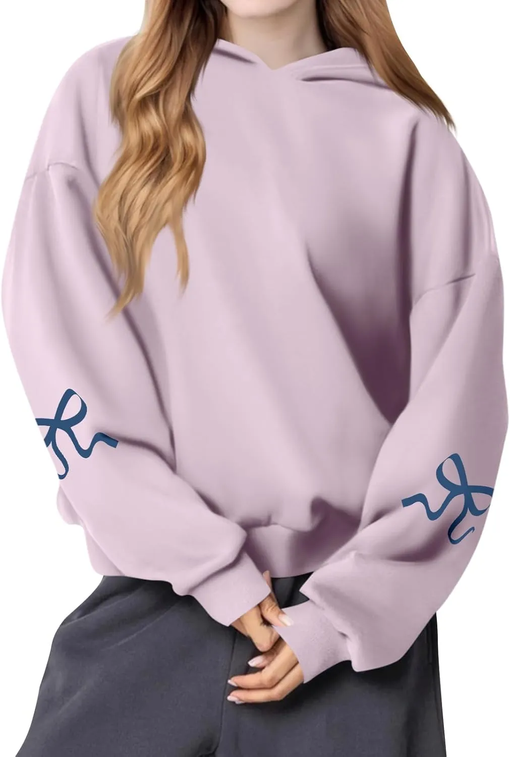 Gumipy Hoodies for Women Fleece Bow Graphic Hoodies Pullover Y2K Long Sleeve Oversized Hoodies Spring Clothes for Women 2025