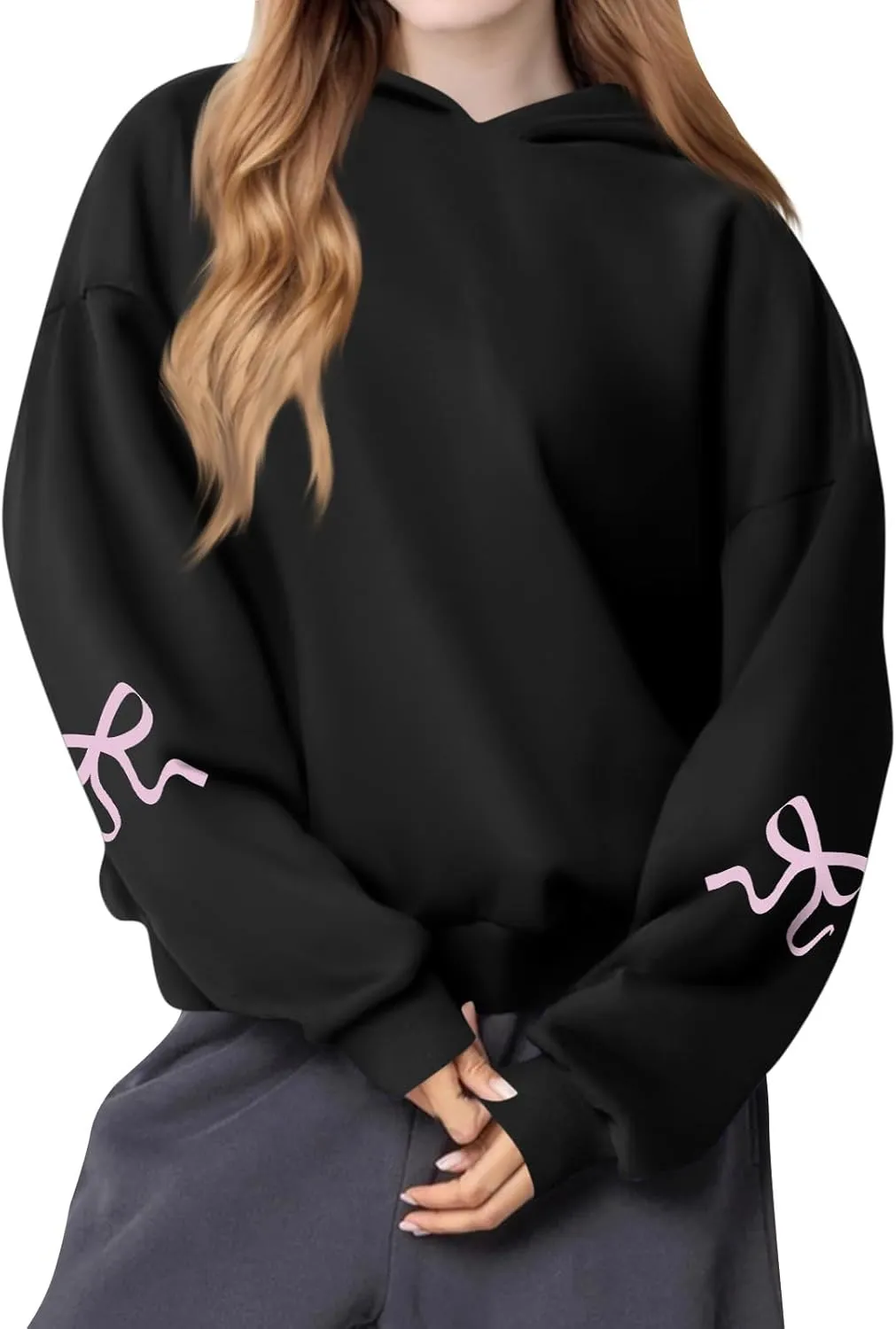 Gumipy Oversized Hoodies for Women Fleece Bow Graphic Hoodies Pullover Trendy Long Sleeve Pullover Tops Loose Fit Hoodie