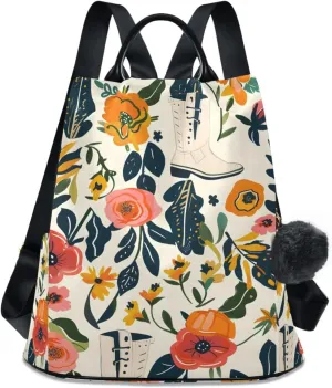 Hand Drawn Floral Boots Backpack for Women Anti Theft Large Fashion Travel Shoulder Bag Purse Rucksack Lightweight