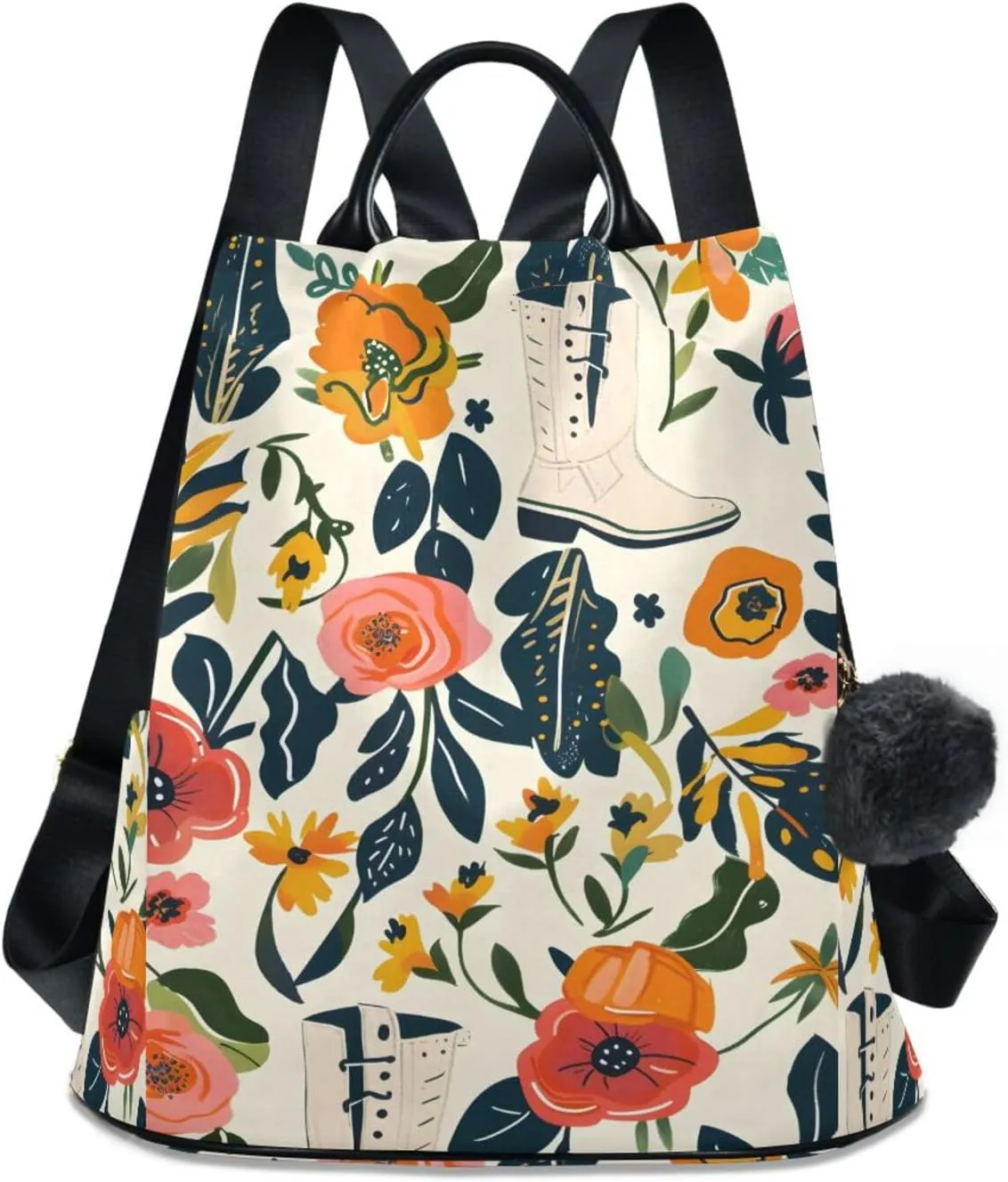 Hand Drawn Floral Boots Backpack for Women Anti Theft Large Fashion Travel Shoulder Bag Purse Rucksack Lightweight