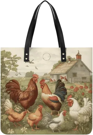 Handbags for WomenChickens And FarmTrendy Vegan Leather Hobo Handbags,Women's Soft Bucket Bag For Women - Ladies Handbags For Work, Travel, Casual Use,Birthday Gifts